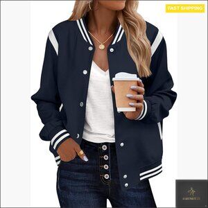 Lightweight Bomber Jacket with Pockets, Button-Down Varsity Style